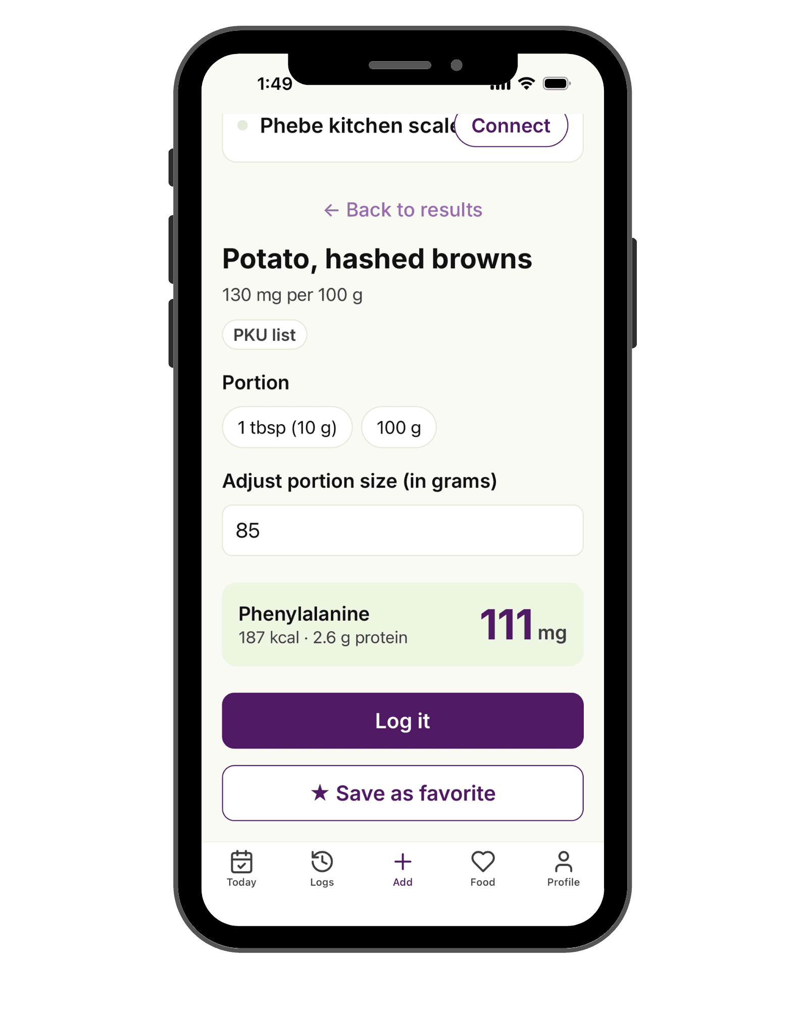 Phebe app food entry screen showing portion adjustment and the calculated phe value for hash browns.